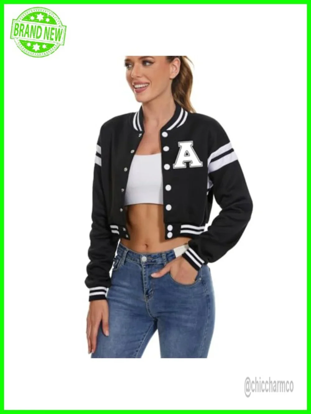 Women's Varsity Baseball Jacket Crop Top Letter Print Casual Bomber Coat